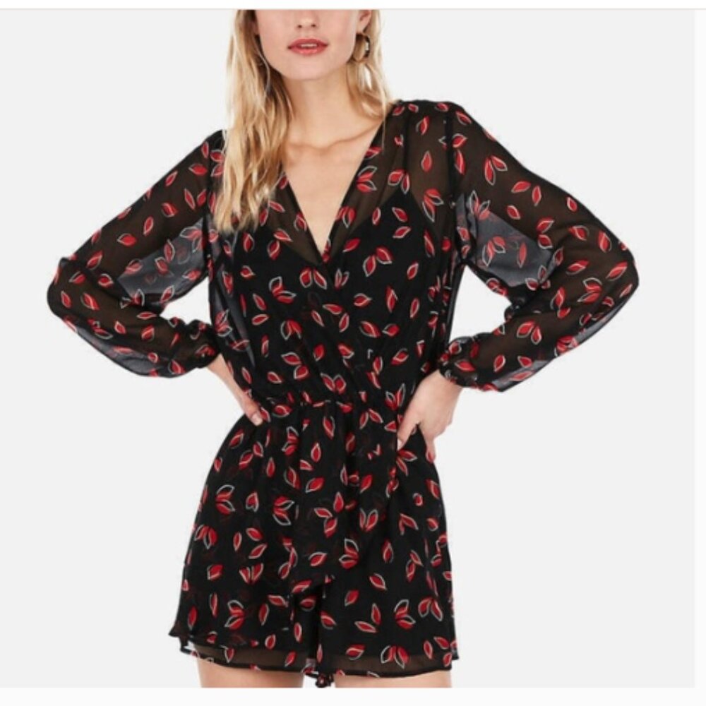NWT Express Romper Black Red Floral Sheer Long Sleeve Surplice Size XS Romantic